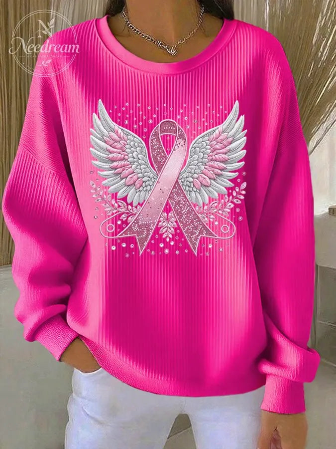 Women'S Pink Ribbon Print Casual Sweatshirt