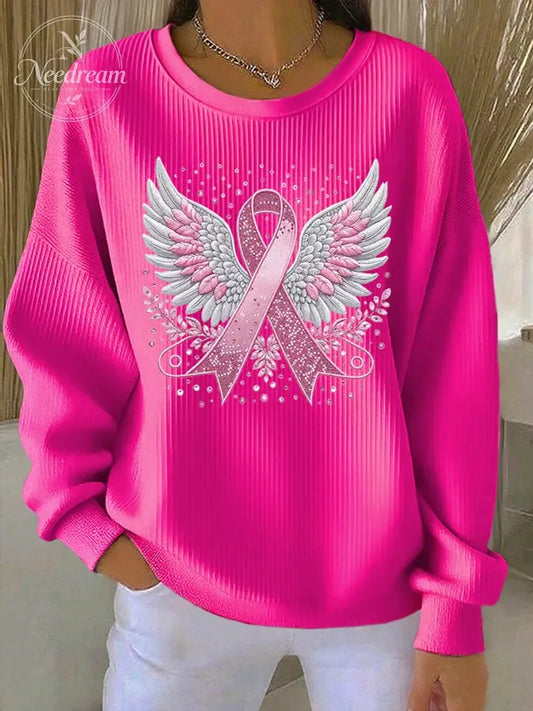 Women'S Pink Ribbon Print Casual Sweatshirt