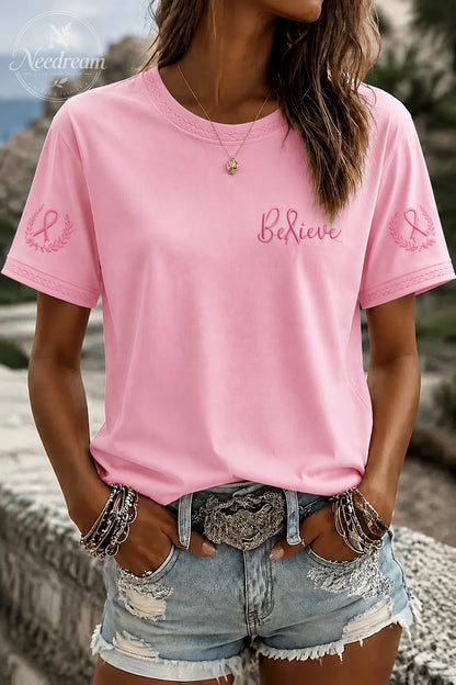 Women'S Pink Ribbon Believe Pattern Round Neck T-Shirt