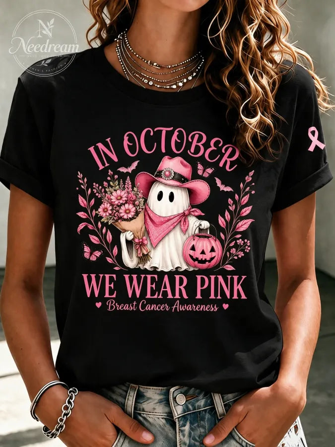 Women'S In October We Wear Pink Printed Casual T-Shirt