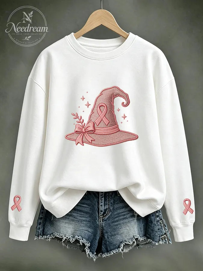 Women Pink Ribbon Witch Hat Embroidered Casual Sweatshirt