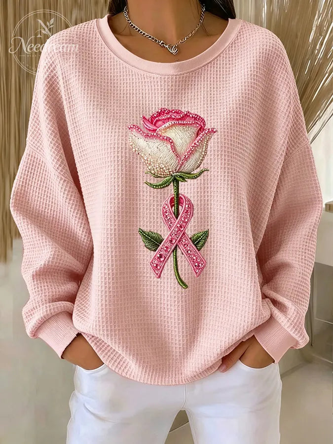 Women'S Pink floral print Waffle Sweatshirt