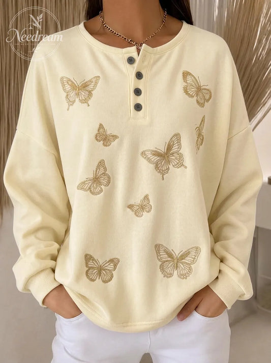 Women's Breast Cancer Awareness Gold Butterfly Printed Henley Sweatshirt
