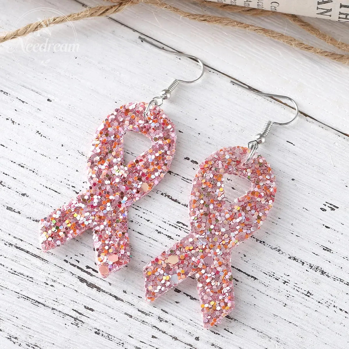 Pink Ribbon Glitter Earrings