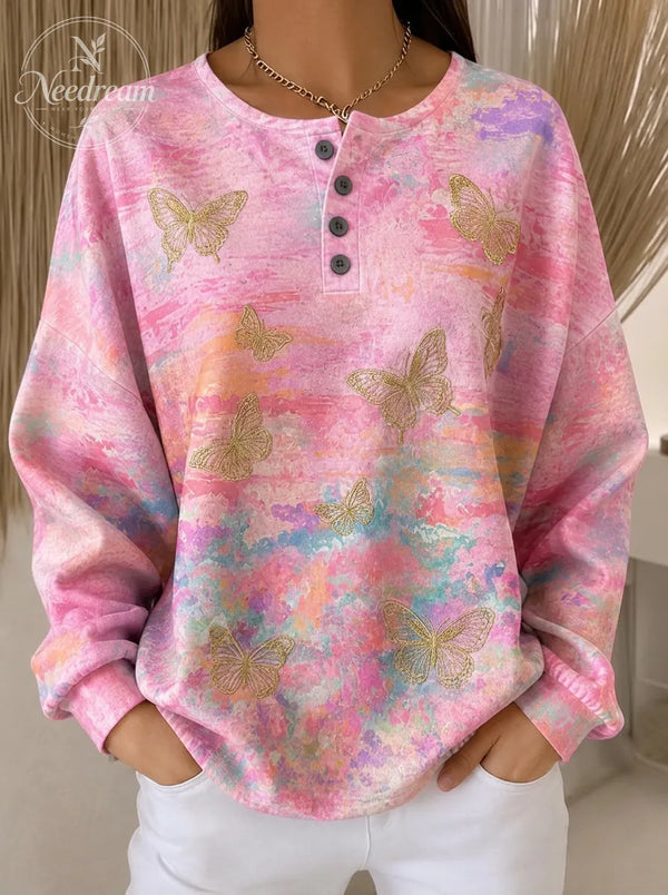 Women's Breast Cancer Awareness Gold Butterfly Printed Henley Sweatshirt