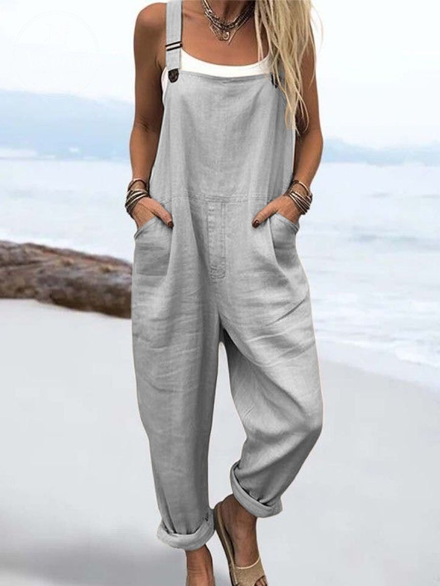 Wome's Vacation Retro  Casual Cotton Linen Wide Leg Jumpsuit