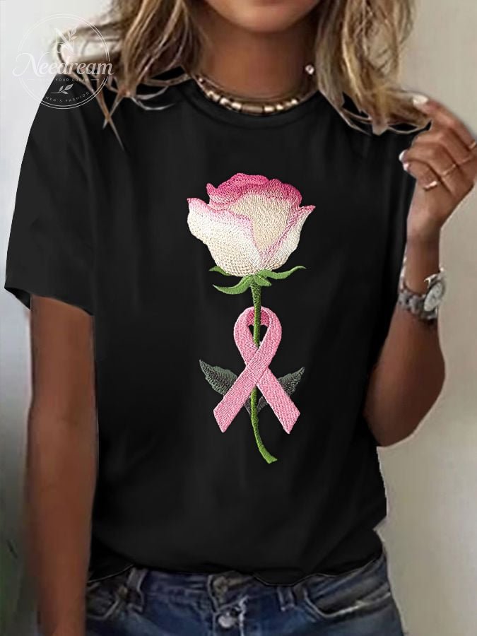 Women's Pink Embroidered Floral Print Crew Neck T-Shirt
