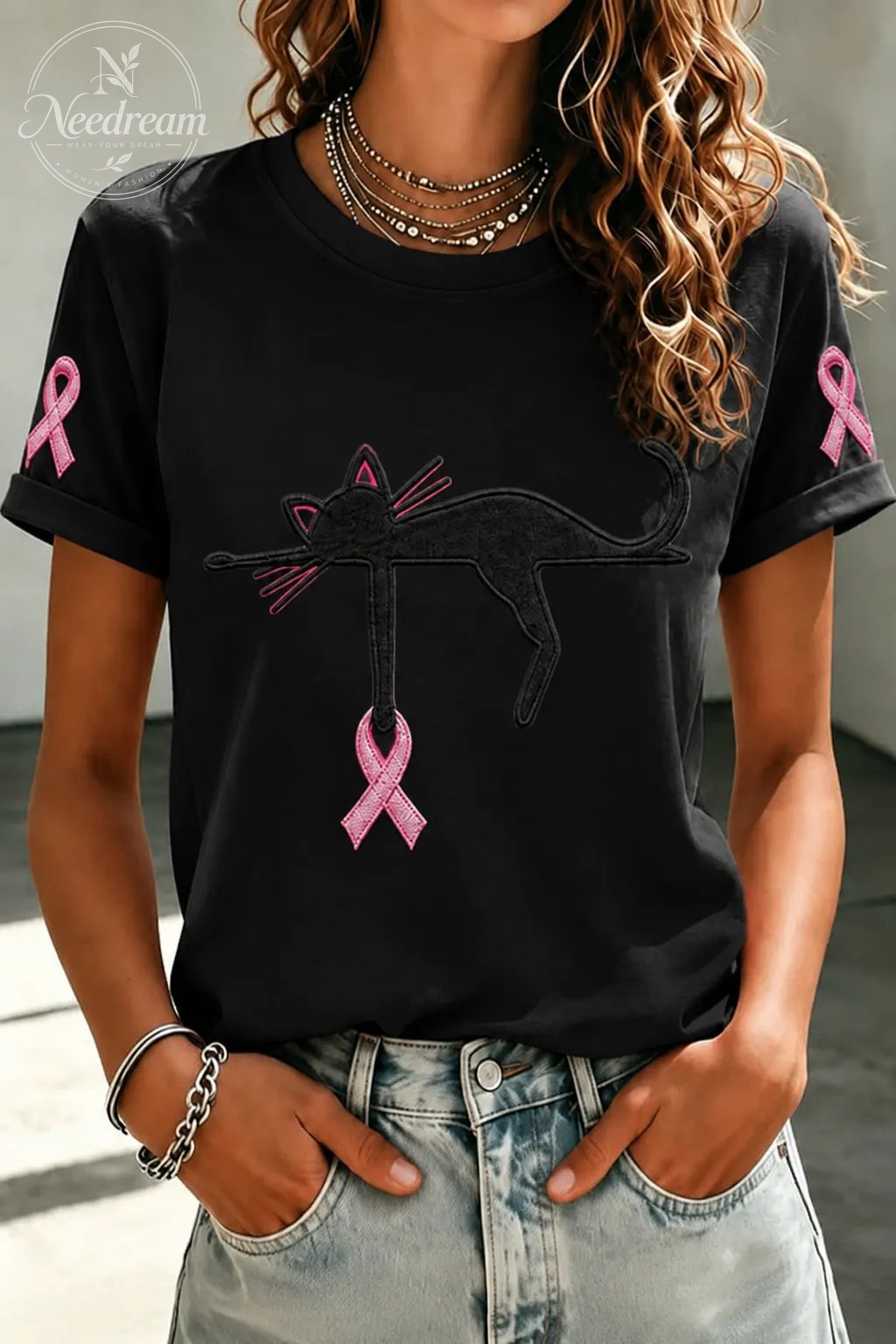 Women'S Cat And Pink Ribbon Round Neck 100% Cotton T-Shirt