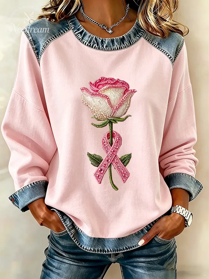Women's breast cancer propaganda flower round neck long sleeve sweatshirt