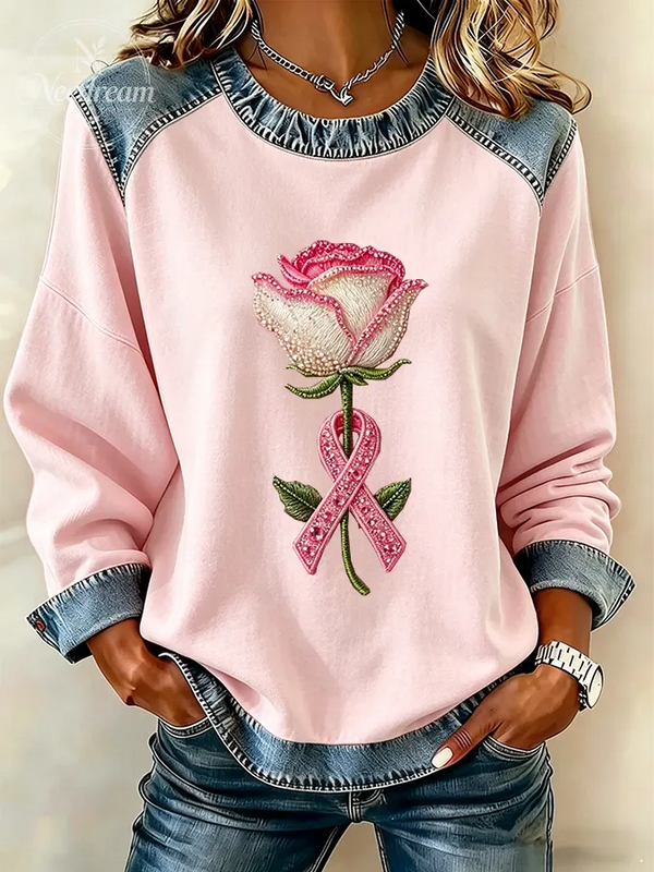 Women's breast cancer propaganda flower round neck long sleeve sweatshirt