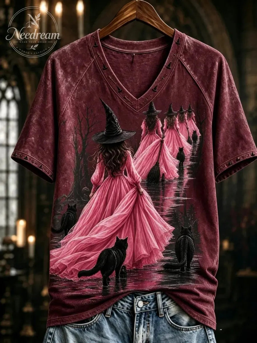 Women's Pink Witch-Themed Print Casual T-Shirt