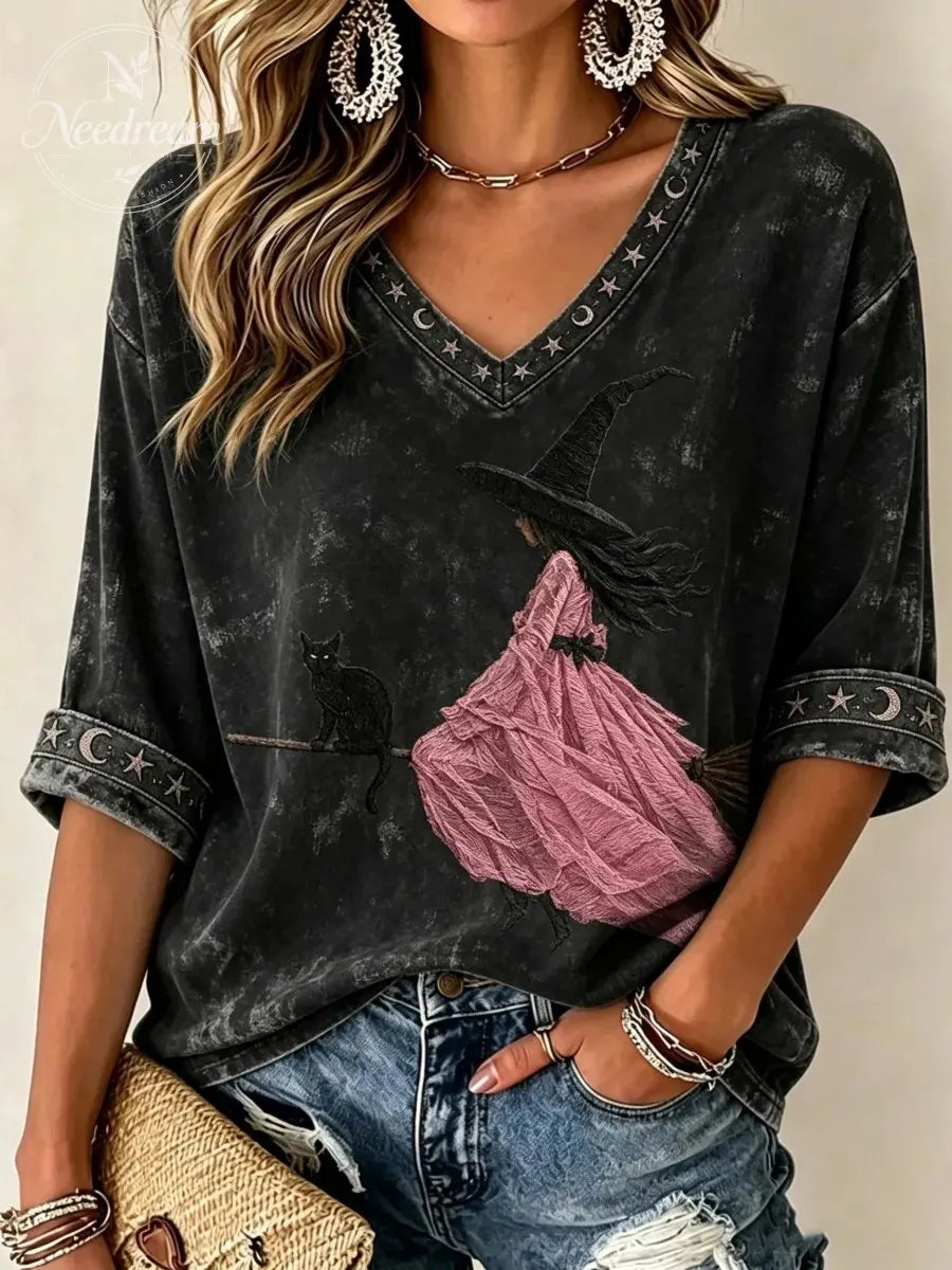 Women'S Pink Witch-Themed Print Waffle V-Neck Top