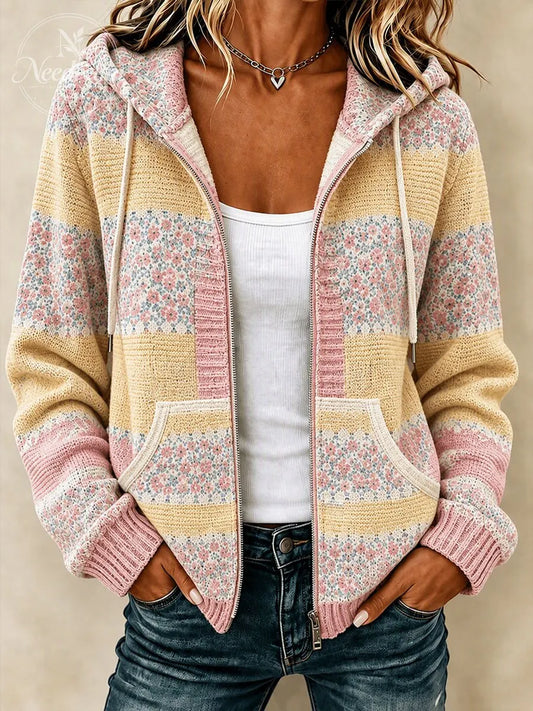 Women'S Casual Floral Knitted Zipper Sweatshirt
