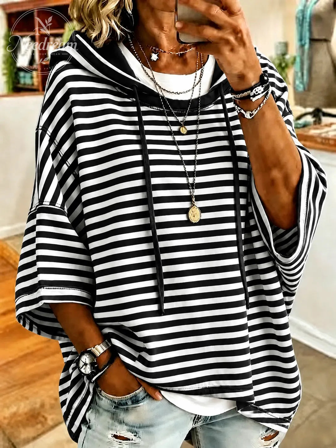 Women's Casual Loose Casual Striped Hooded Sweatshirt