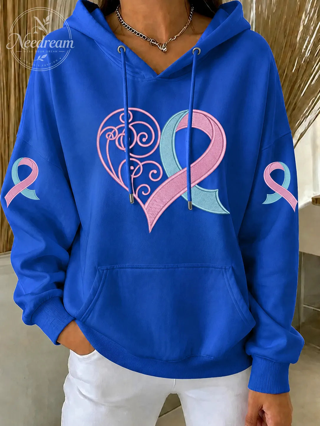 Women'S Retro Breast Cancer Awareness Love Printed Long Sleeve Hoodie