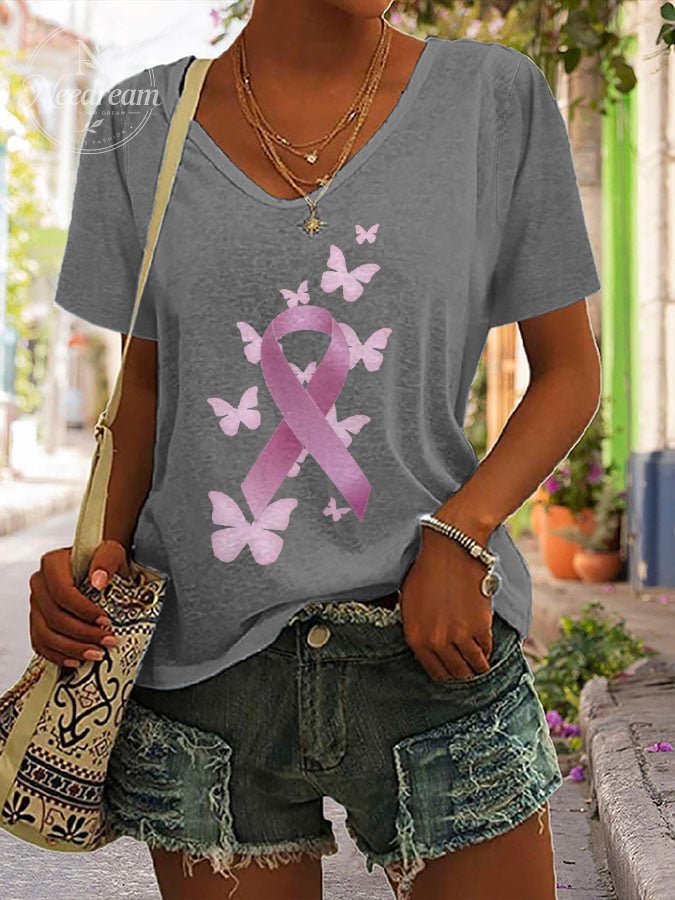Women's Butterfly Breast Cancer Print Loose Short Sleeve T-Shirt