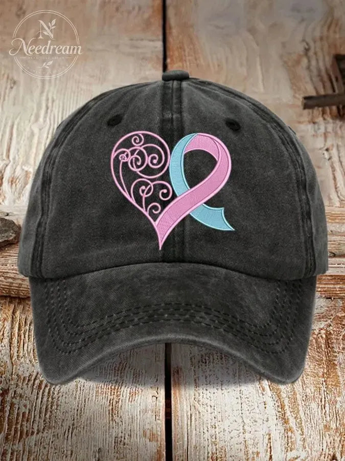 Unisex Distressed Washed Cotton Breast Cancer Ribbon Heart Printed Hat