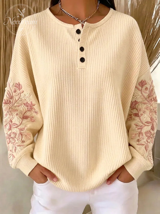 Women's Breast Cancer Awareness Floral Embroidered Printed Sweatshirt