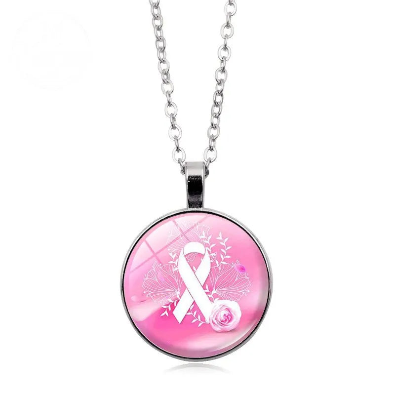 Love Women Pink Ribbon Gemstone Necklace