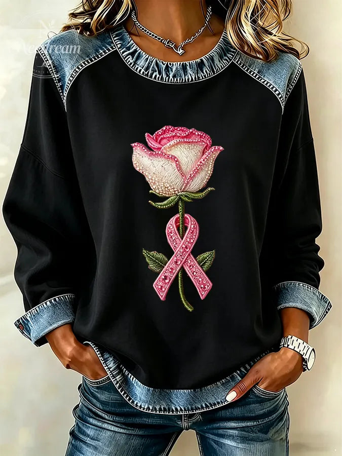 Women's breast cancer propaganda flower round neck long sleeve sweatshirt