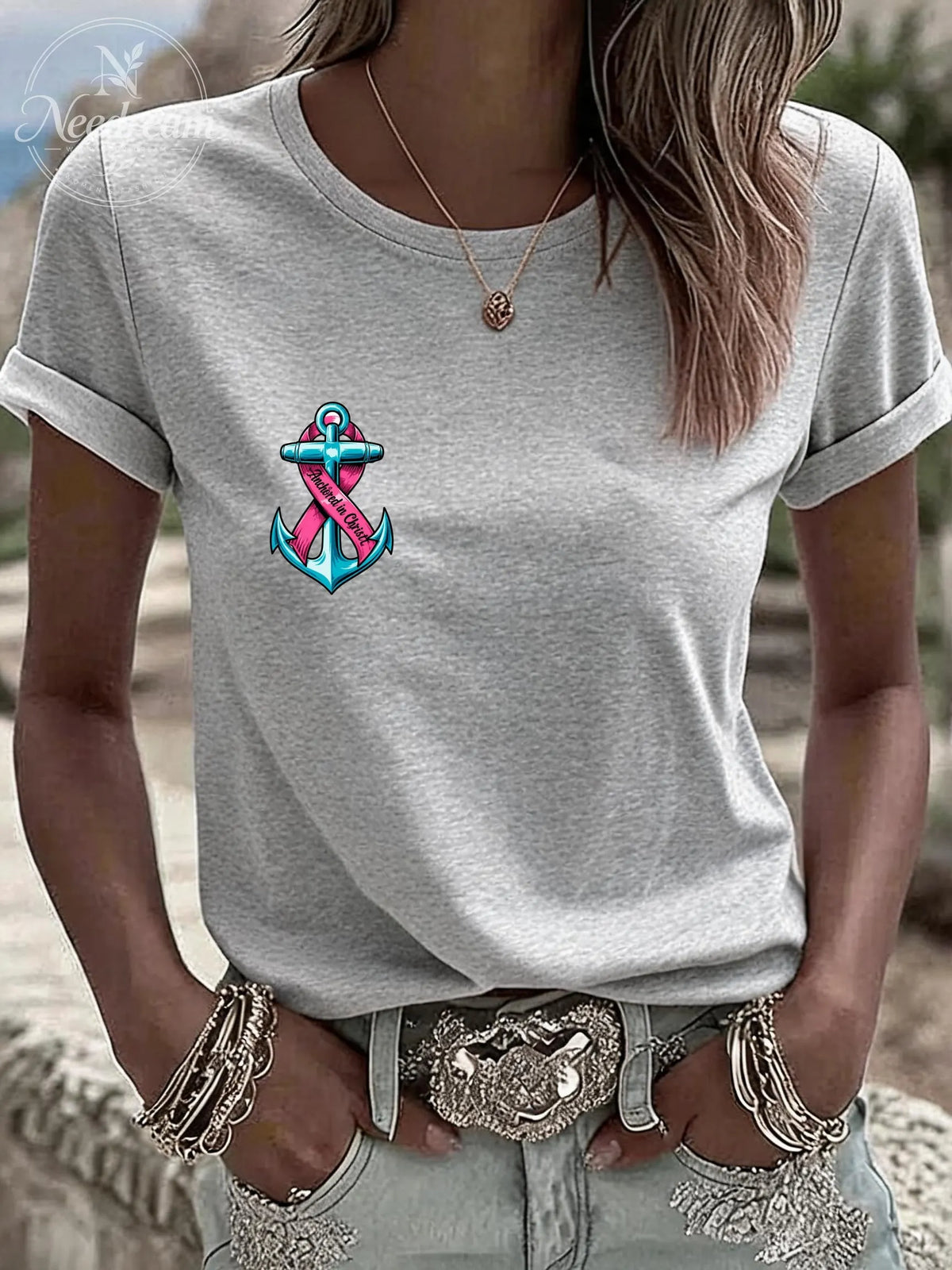 Women'S Breast Cancer Awareness Hope Short Sleeve Tee T-Shirt Crew Neck Printing Casual Graphic Tee