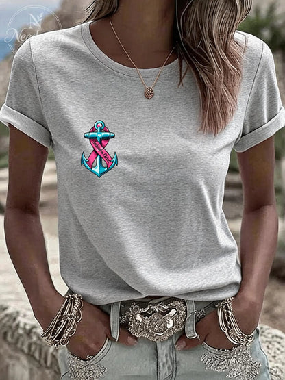 Women'S Breast Cancer Awareness Hope Short Sleeve Tee T-Shirt Crew Neck Printing Casual Graphic Tee