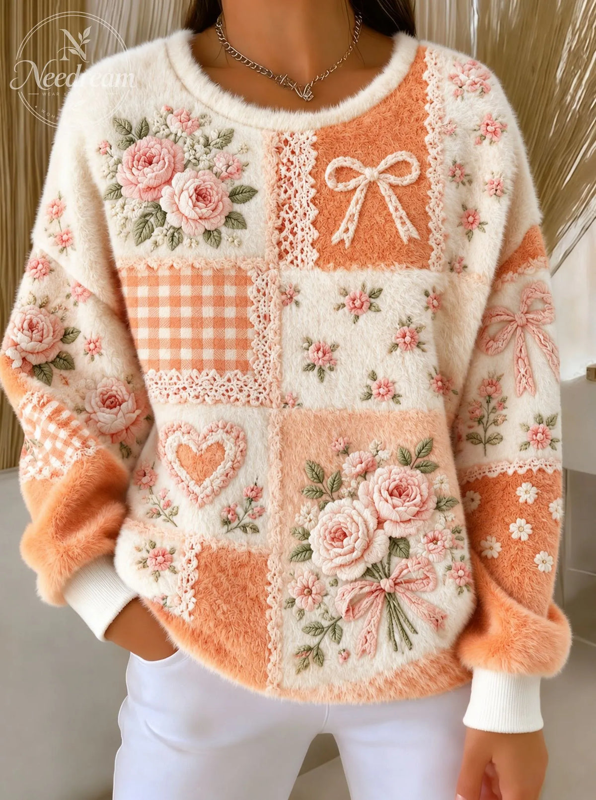 Women's Retro Floral Patchwork Fuzzy Sweater