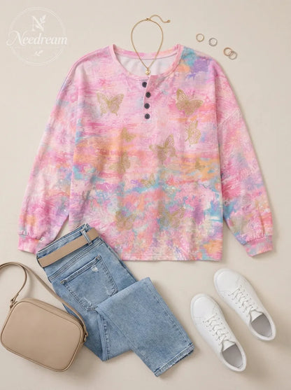 Women's Breast Cancer Awareness Gold Butterfly Printed Henley Sweatshirt