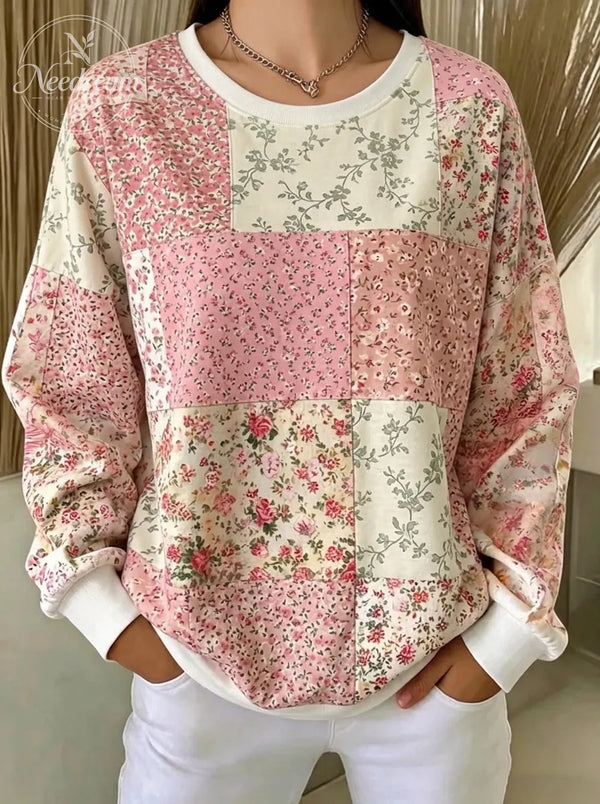 Women's Breast Cancer Awareness Pink Floral Patchwork Printed Sweatshirt