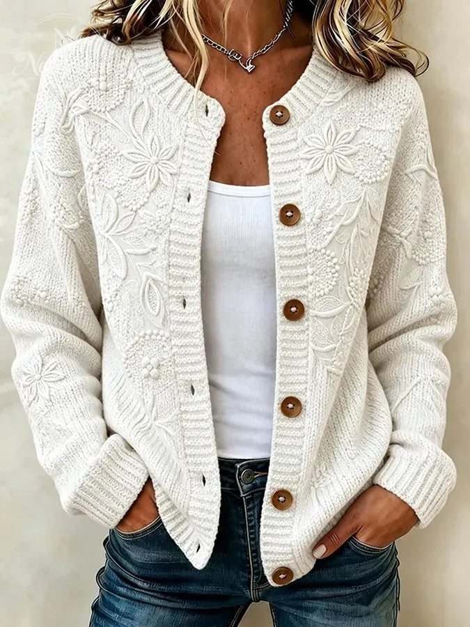 Ladies' Casual Plant Flower Knitted Cardigan Top