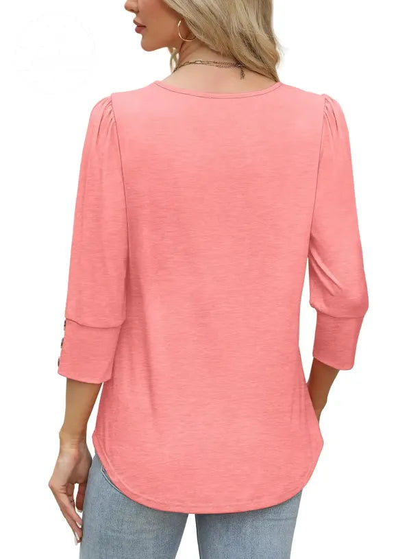 Women's "We Wear October" Pink Graphic Casual 3/4 Sleeve Button Top