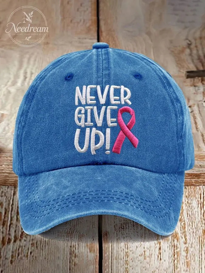 Never Give Up Pink Ribbon Breast Cancer Awareness Print Baseball Cap
