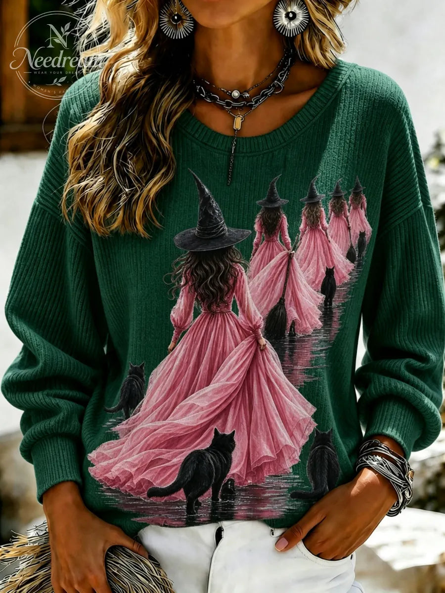 Women's Pink Witch-Themed Casual Sweatshirt
