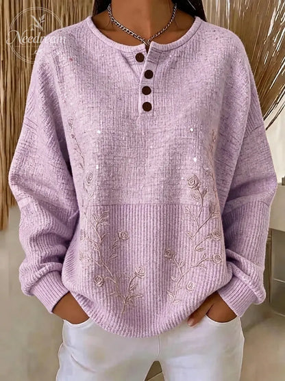 Women's Breast Cancer Awareness Pink Rose Embroidered Buttoned Sweatshirt