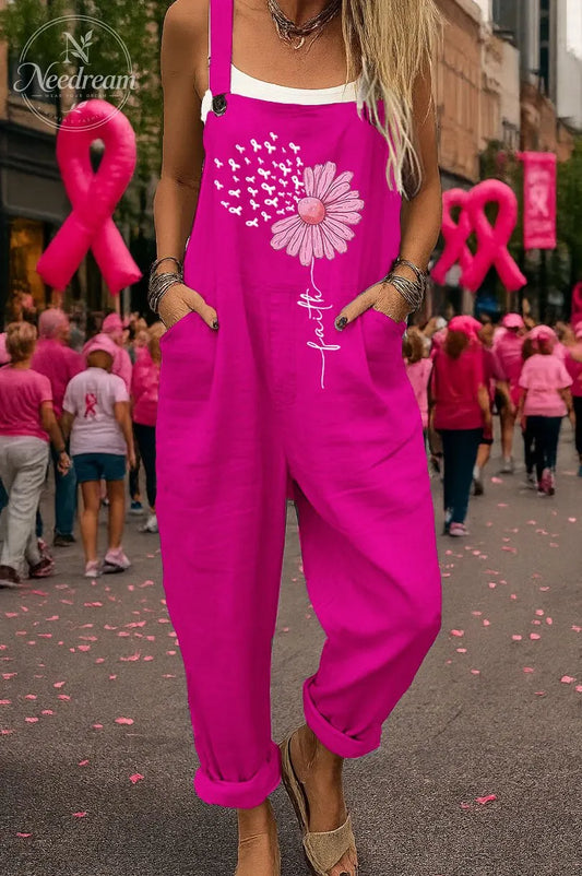 Women's Pink October Faith Pattern Print  Casual Cotton Pocket Jumpsuit