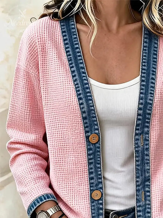 Women's Casual Printed Waffle-Knit Panel Cardigan