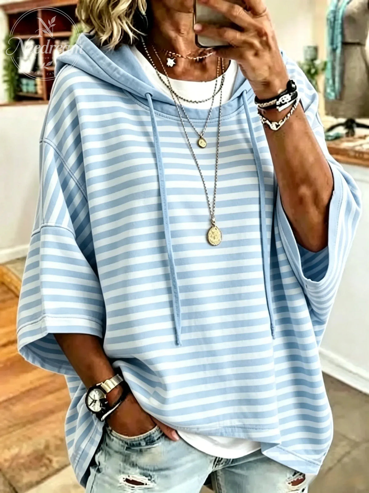 Women's Casual Loose Casual Striped Hooded Sweatshirt