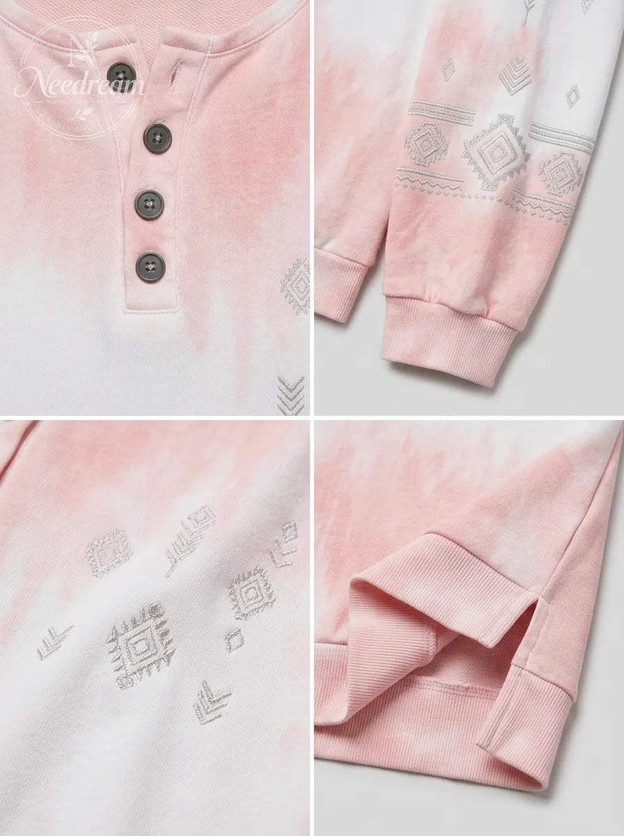 Women's Breast Cancer Awareness Pink Tie-Dye Geometric Printed Henley Sweatshirt