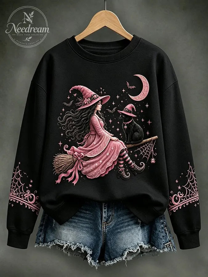 Women'S Retro Pink Witch Print Round Neck Sports Shirt