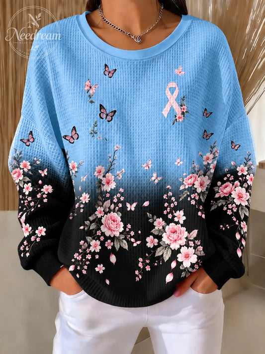 Women'S Pink Plant Flower Art Waffle Sweatshirt