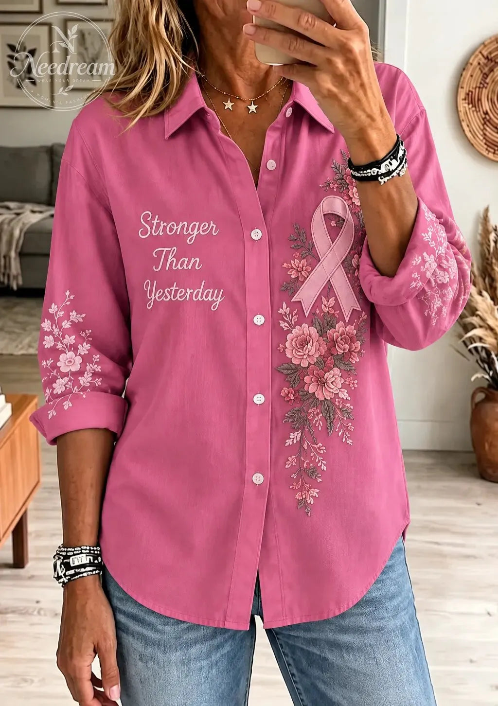 Women'S Breast Cancer Awareness Pink Ribbon Print Shirt Collar Long Sleeve Shirt Printing Daily Top