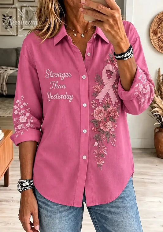 Women'S Breast Cancer Awareness Pink Ribbon Print Shirt Collar Long Sleeve Shirt Printing Daily Top