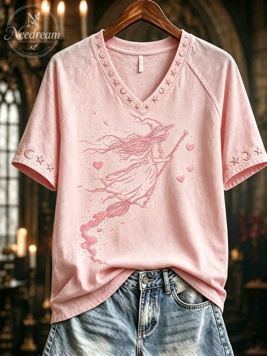 Women's Pink Witch-Themed Print Casual T-Shirt
