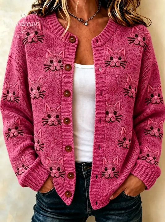 Women'S Breast Cancer And Flower Printing Knitted Cardigan Top