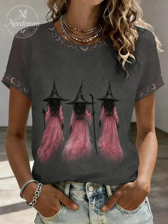 Women'S Retro Halloween Pink Witch Print Casual T-Shirt