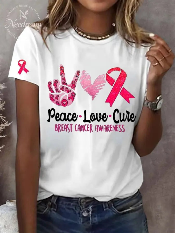 Women's Peace Love Cure Breast Cancer Printed Round Neck Short Sleeve T-Shirt