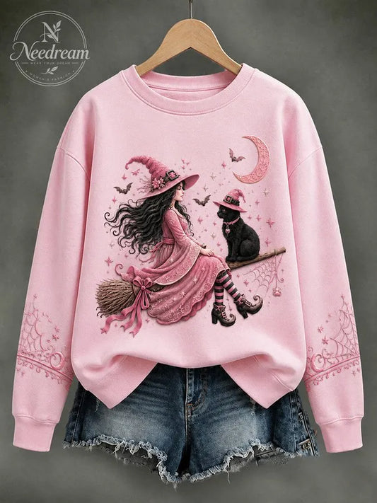 Women'S Retro Pink Witch Print Round Neck Sports Shirt