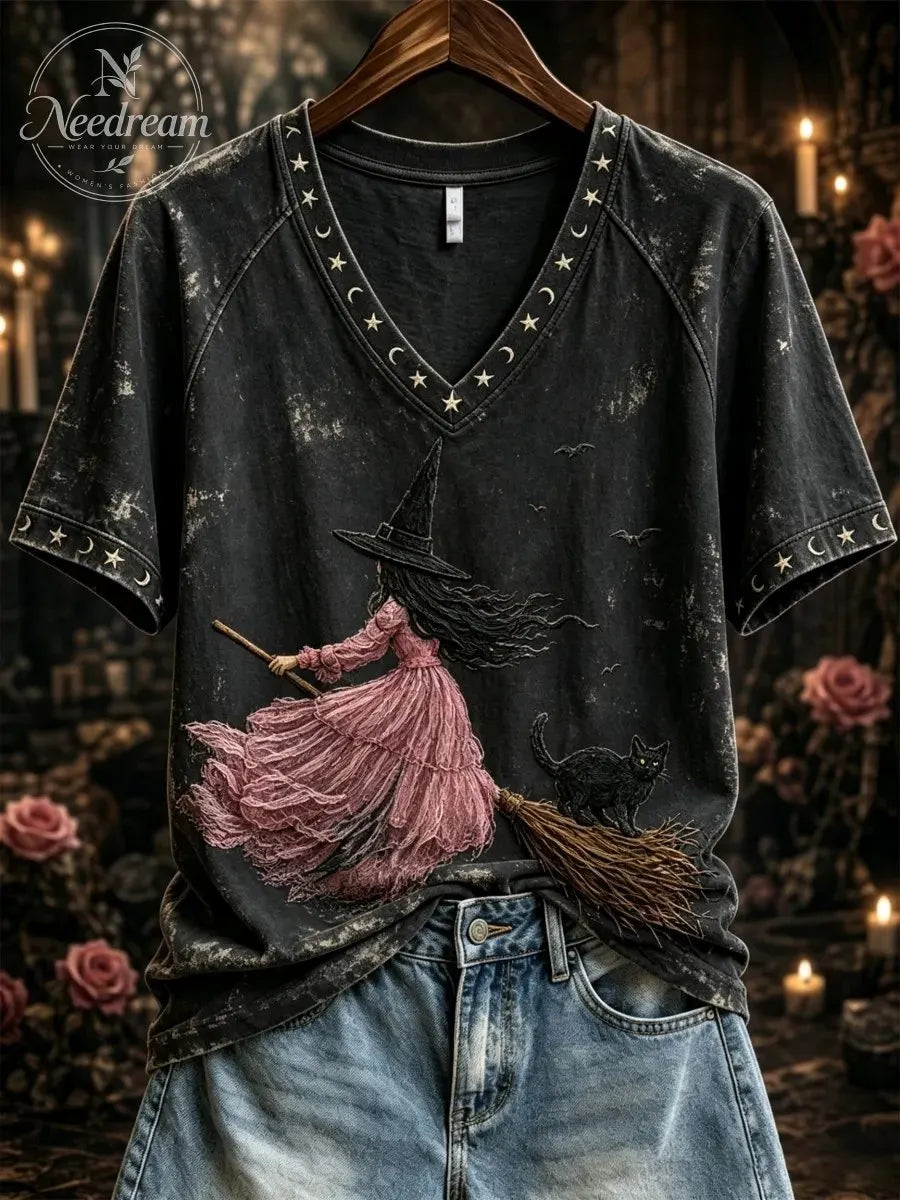 Women's Pink Witch-Themed Print Casual T-Shirt