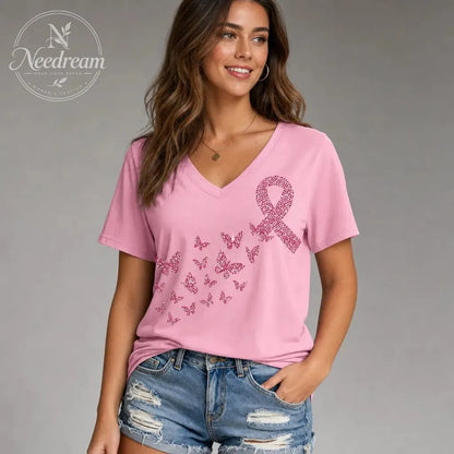 Women's Pink Breast Cancer Print Cotton Blend Short Sleeve T-Shirt