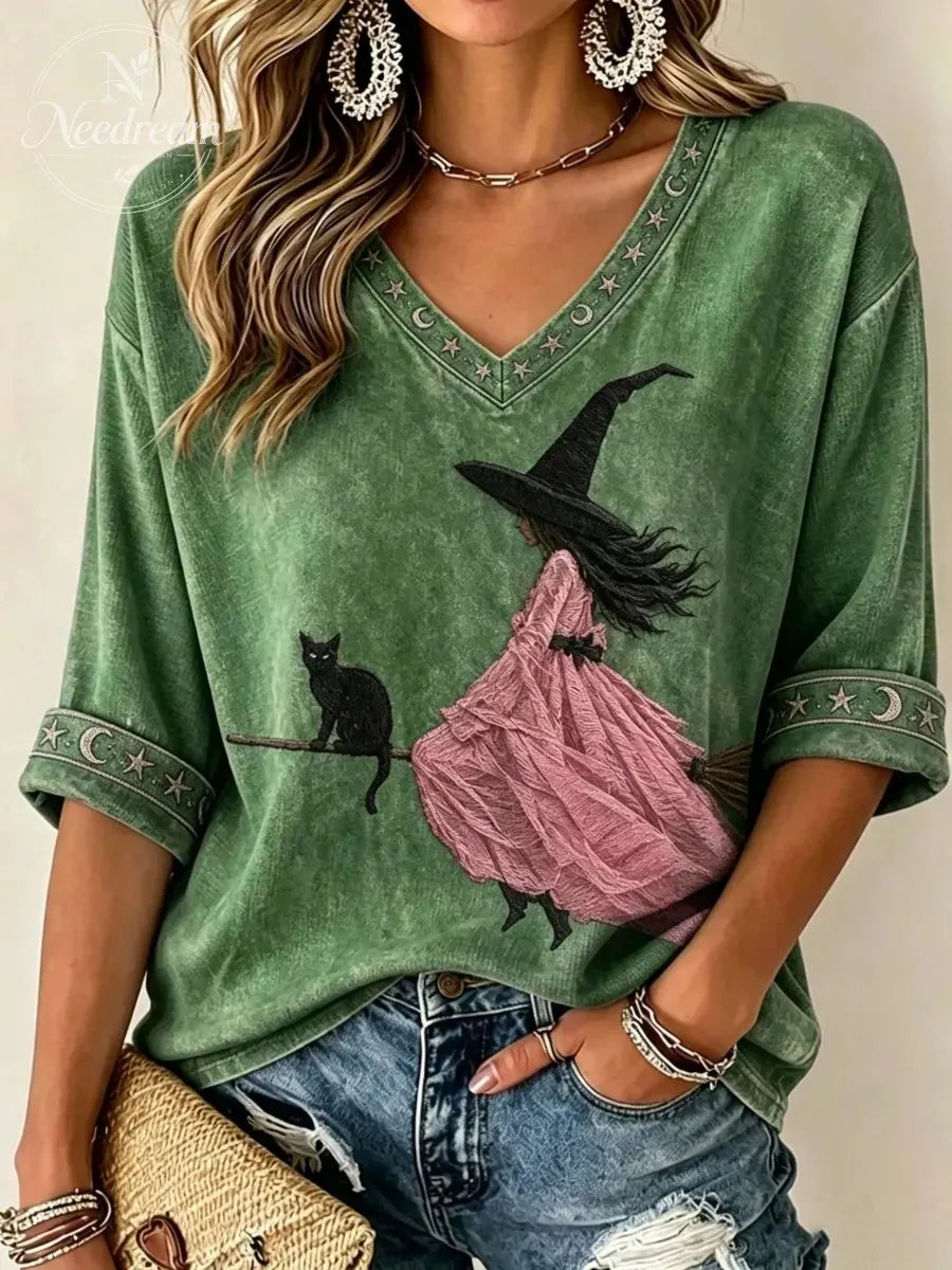 Women'S Pink Witch-Themed Print Waffle V-Neck Top